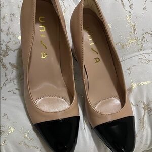 Unisa Nude and Black Patent Cap-Toe Pumps
